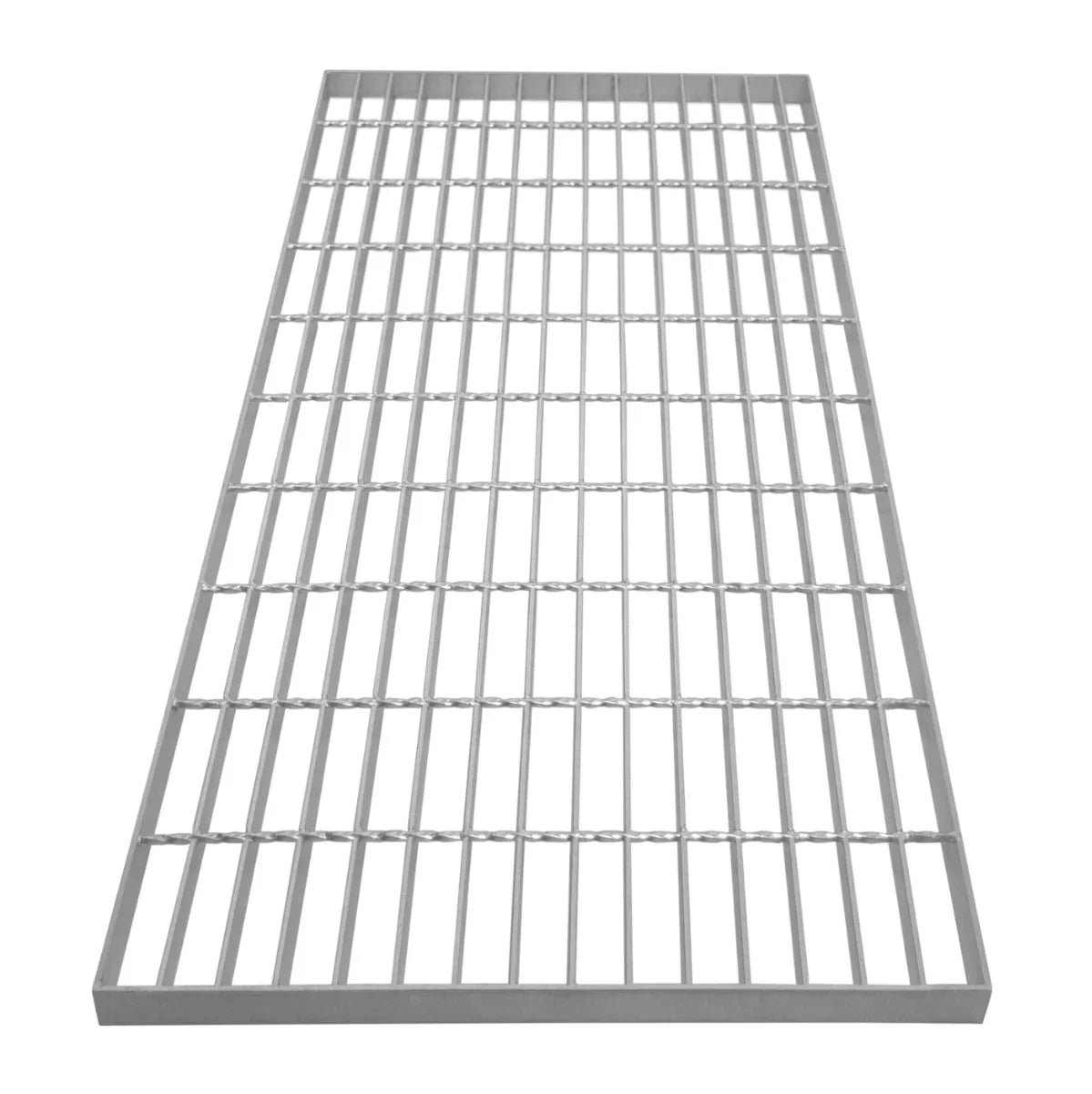 Galvanised steel grating measuring 1000mm x 500mm, featuring a sturdy grid pattern with a smooth metallic finish and durable construction