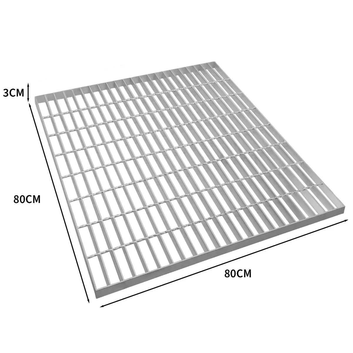 Galvanised grating measuring 800mm x 800mm, featuring a sturdy metal grid design with a smooth, shiny finish and 3cm depth