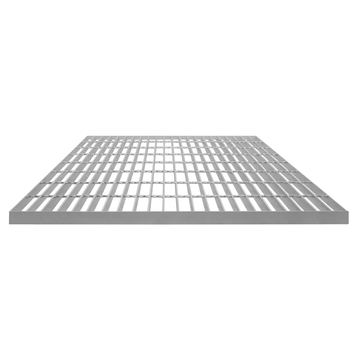 Galvanised grating measuring 800mm x 800mm, featuring a sturdy metal grid design with a smooth, silver finish and open spaces for drainage