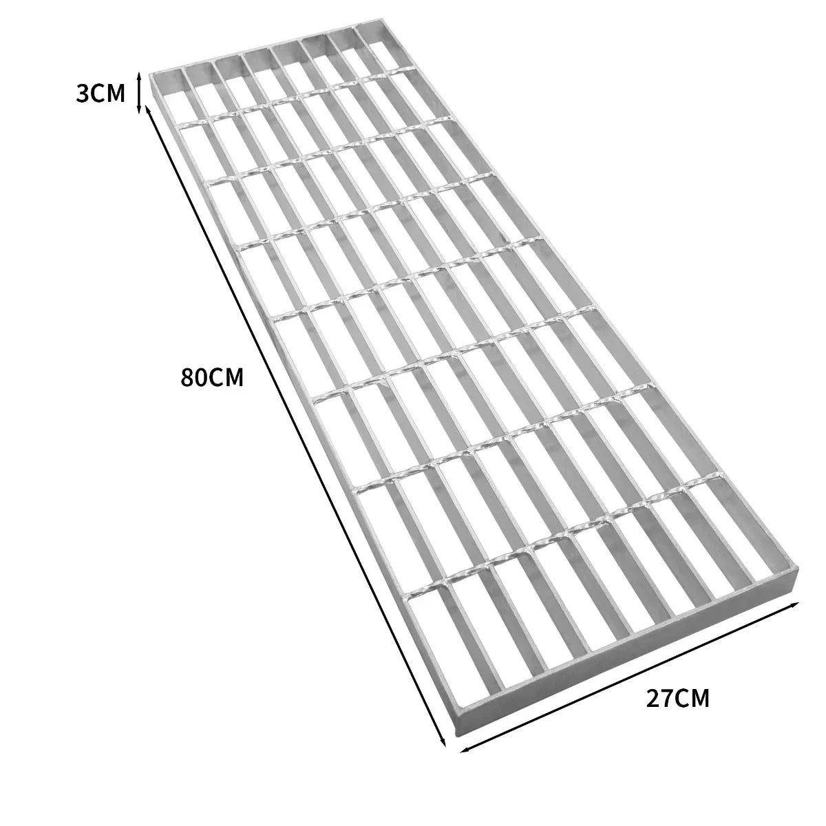 Galvanised grating measuring 800mm x 270mm, featuring a sturdy metal construction with a grid pattern and a 3cm height