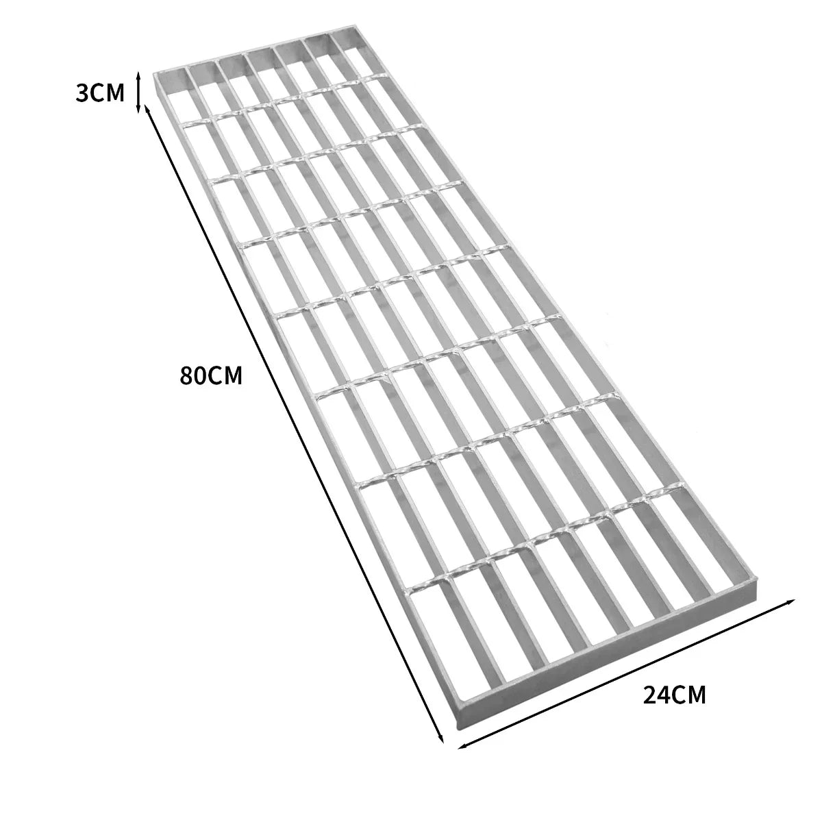 Galvanised grating measuring 800mm x 240mm, featuring a sturdy metal construction with a smooth, silver finish and open slats