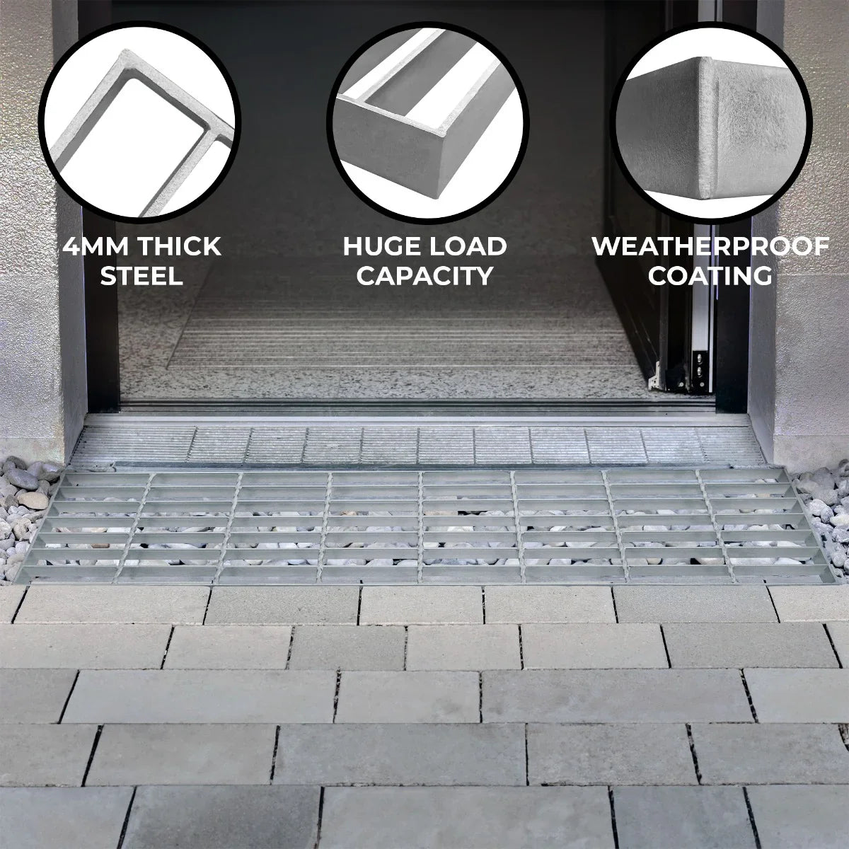 Galvanised grating measuring 800mm x 240mm, featuring 4mm thick steel, weatherproof coating, and a sturdy design for heavy loads