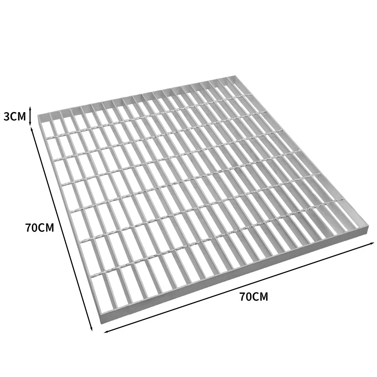Galvanised grating measuring 700mm x 700mm, featuring a sturdy grid pattern with a smooth metallic finish and 3cm height