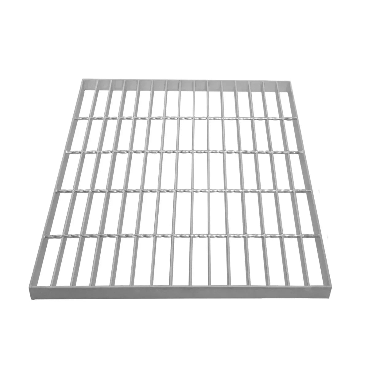 Galvanised grating measuring 500mm x 500mm, featuring a sturdy, grid-like design with a silver metallic finish and smooth texture