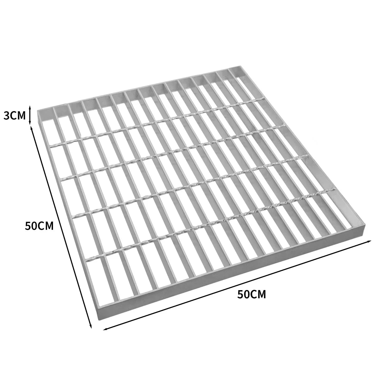 Galvanised grating measuring 500mm x 500mm, featuring a durable, rust-resistant finish with a grid pattern and 3cm thickness