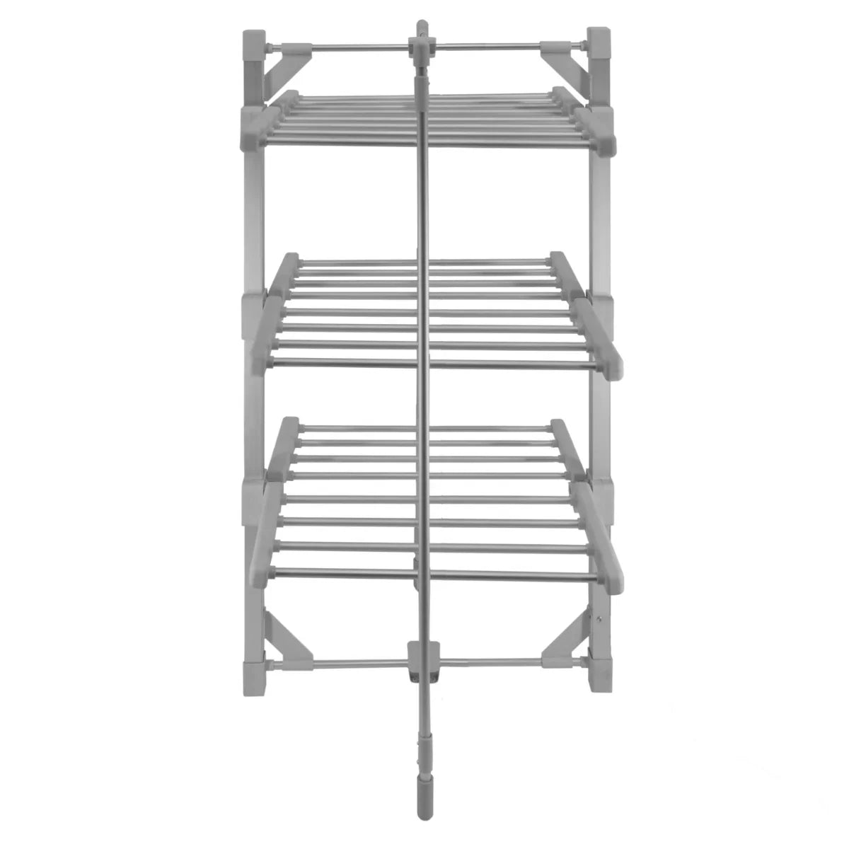 Heated clothes airer with three tiers, featuring a sleek silver frame and horizontal drying bars for efficient laundry drying
