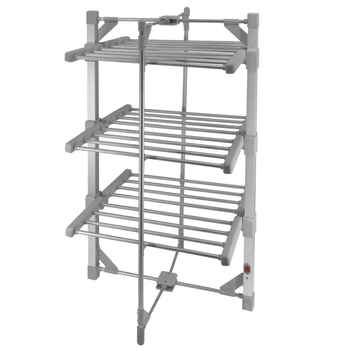 Heated clothes airer with a sturdy white frame, featuring multiple drying racks for efficient laundry drying indoors