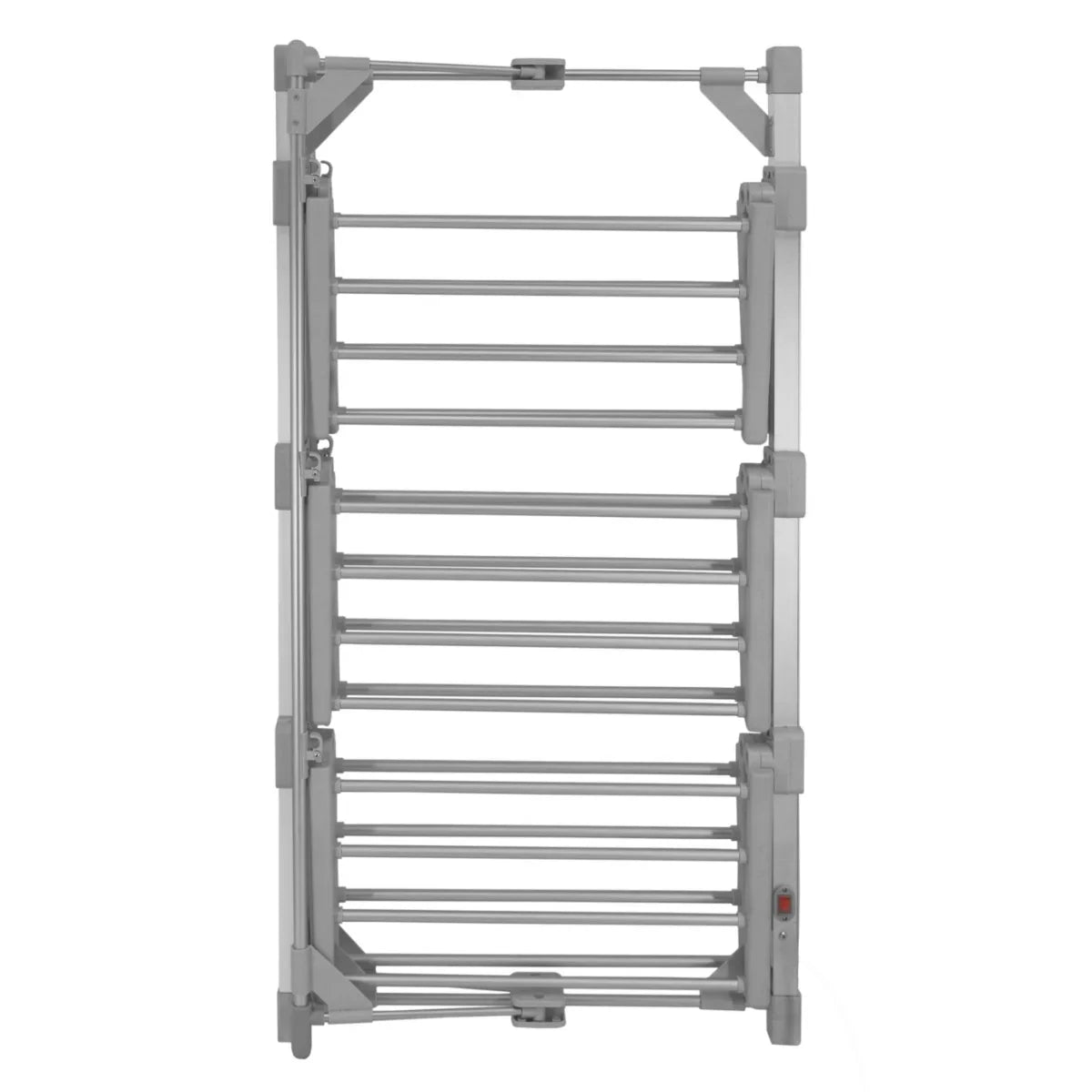 Heated clothes airer with a sleek silver aluminum frame, featuring multiple horizontal drying bars for efficient laundry drying