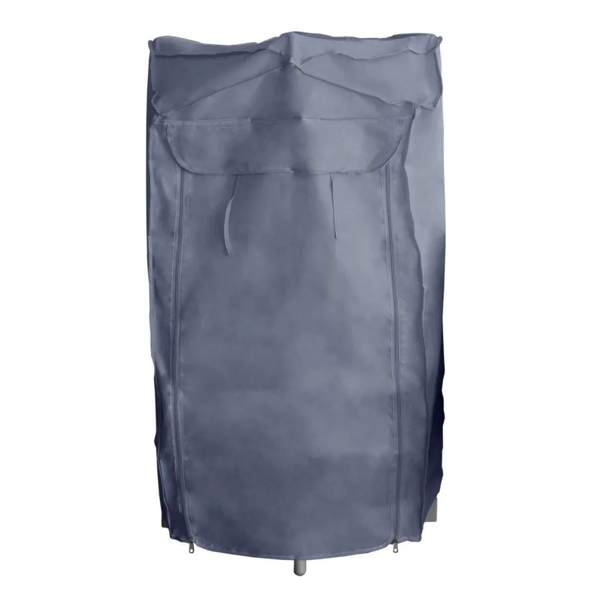Heated clothes airer with a sleek gray cover, designed for efficient drying, featuring a compact, foldable structure and sturdy base