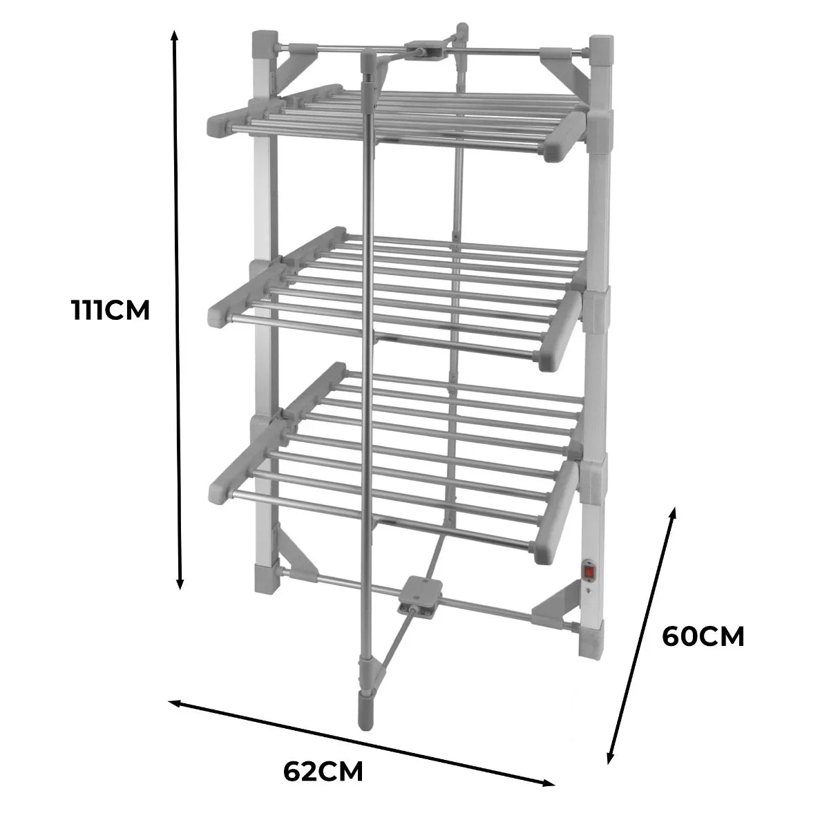 Heated clothes airer with three drying tiers, featuring a compact design in gray, measuring 111cm tall and 62cm wide