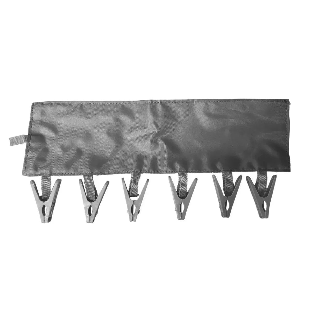Gray heated clothes airer with five sturdy clips for hanging garments, featuring a sleek, compact design for easy storage