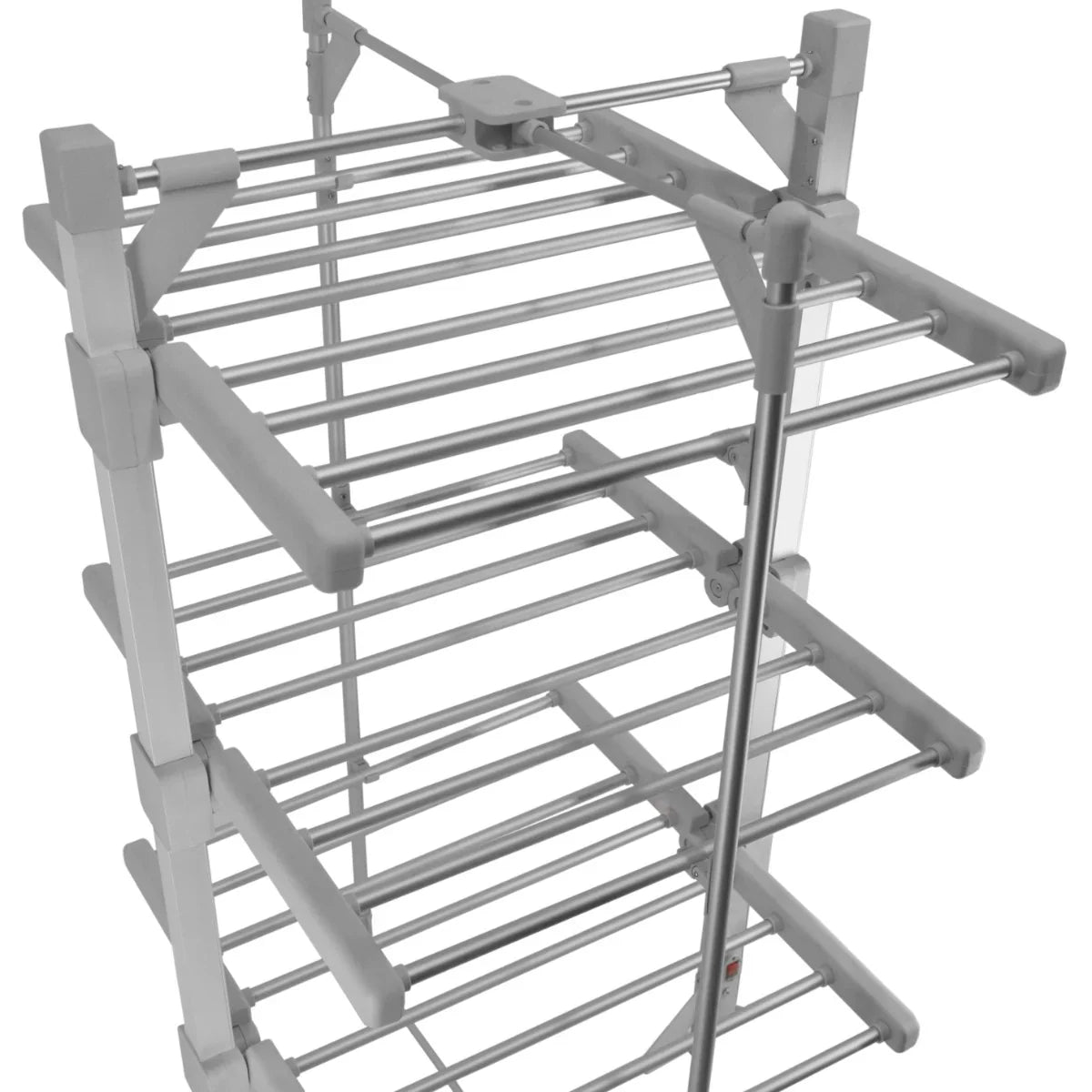 Heated clothes airer with multiple drying racks, featuring a sleek white frame and sturdy metal rods for efficient drying