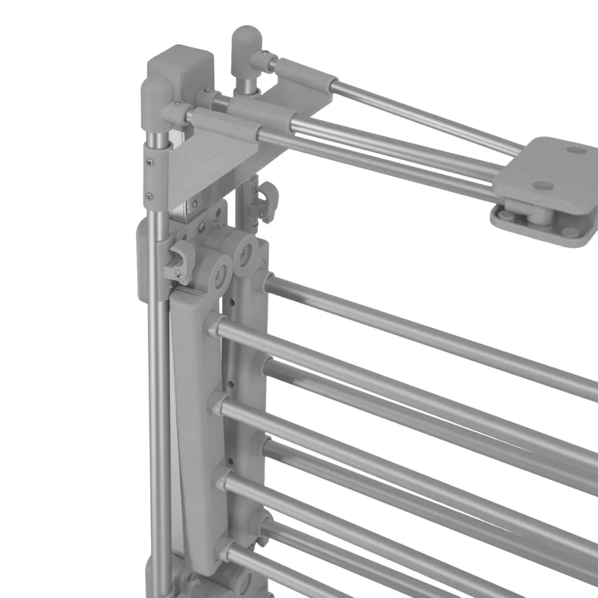 Heated clothes airer with a sleek gray design, featuring multiple drying rods and adjustable settings for efficient drying