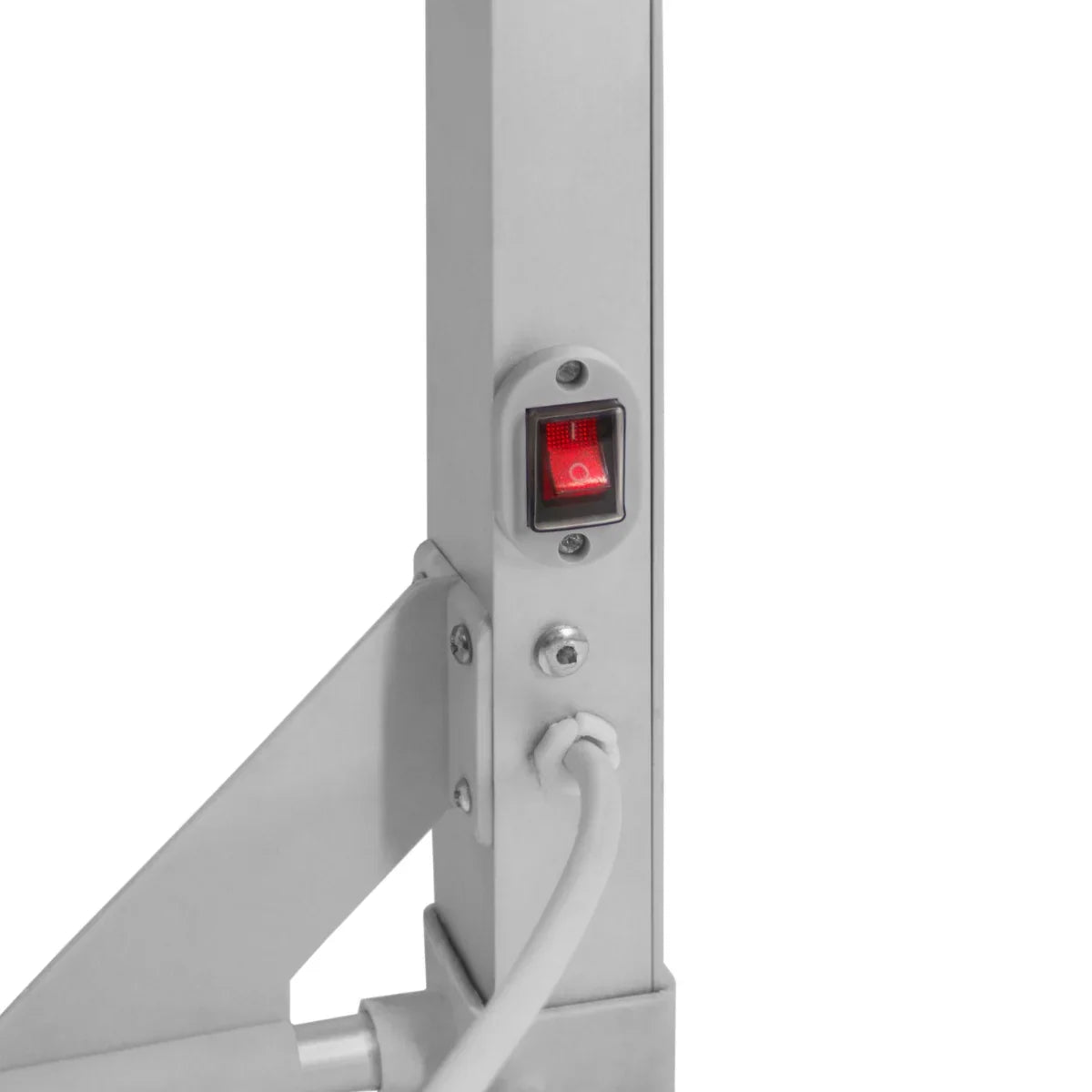 Close-up of a heated clothes airer control switch, featuring a red indicator light and sleek metal frame for easy operation