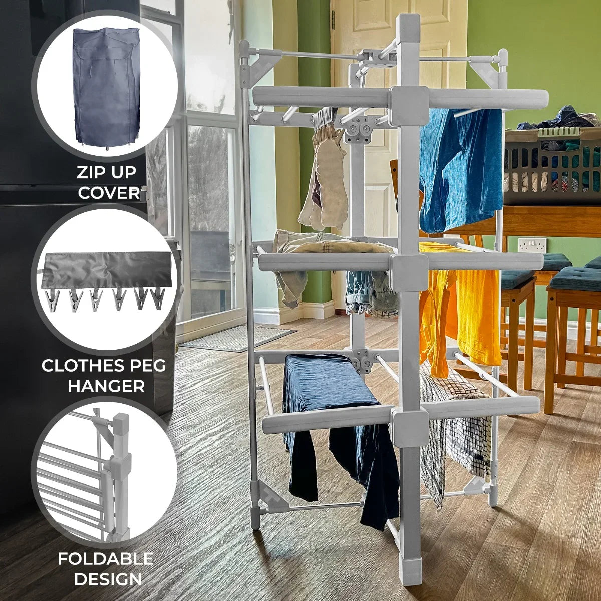 Heated clothes airer with multiple drying racks, zip-up cover, and foldable design, set in a bright room with colorful garments