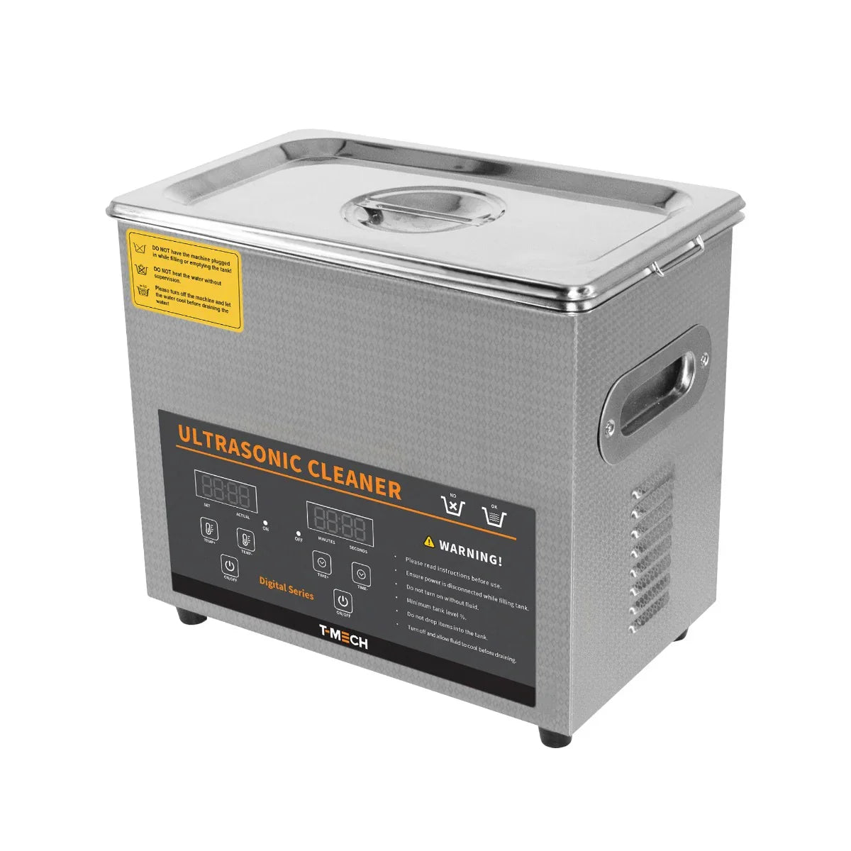 T-Mech Ultrasonic Cleaner 3L with stainless steel body, digital controls, and warning label for safe operation