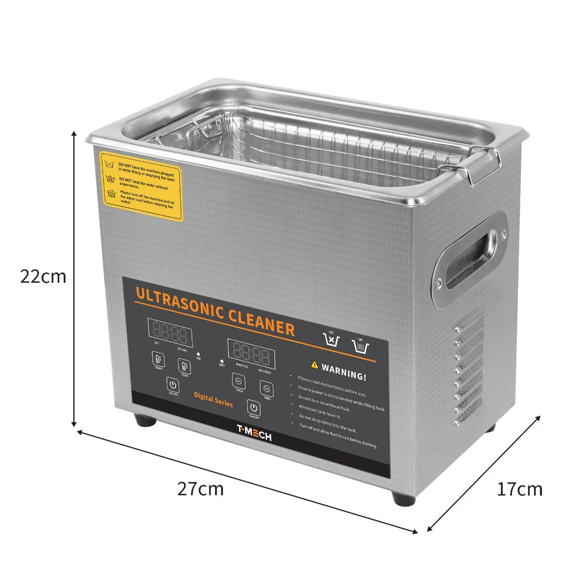 T-Mech Ultrasonic Cleaner 3L in stainless steel with digital controls, dimensions 27cm x 17cm x 22cm, ideal for thorough cleaning