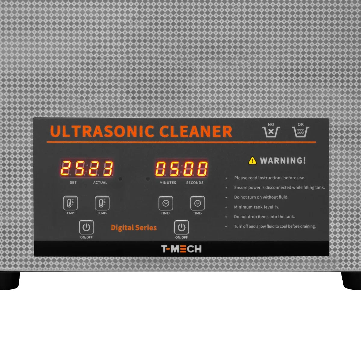 T-Mech Ultrasonic Cleaner control panel with digital display showing timer settings, buttons, and warning label on a textured gray surface