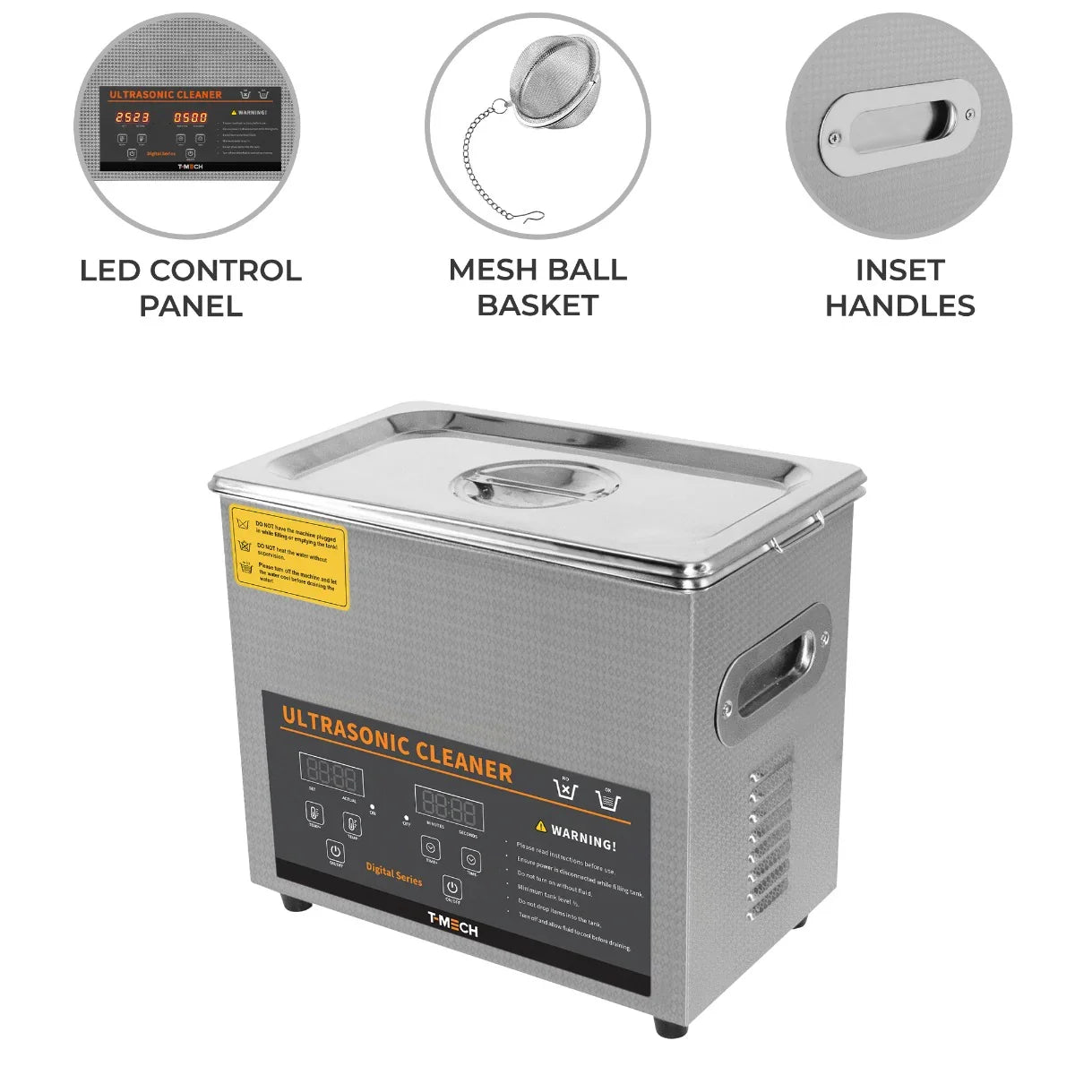 T-Mech Ultrasonic Cleaner 3L with stainless steel body, LED control panel, mesh ball basket, and inset handles for easy use