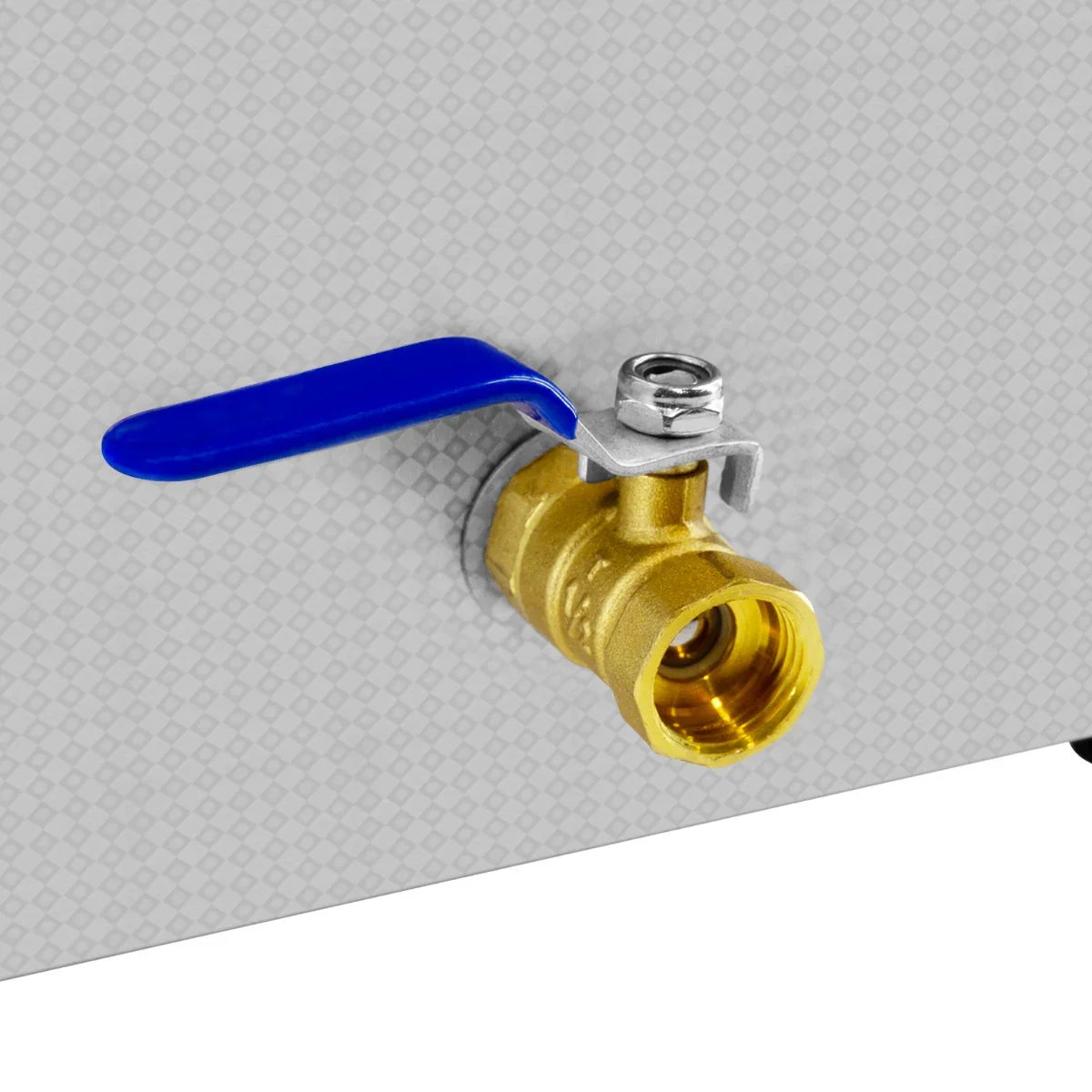 Brass faucet with a blue handle on the T-Mech Ultrasonic Cleaner, showcasing durable construction and easy operation features