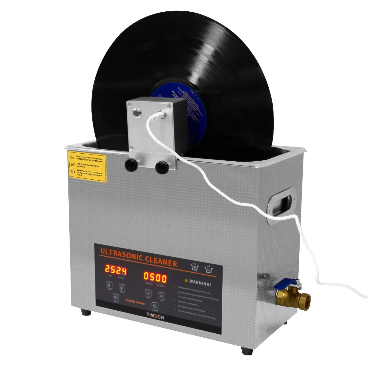 T-Mech 6L ultrasonic cleaner with vinyl adaptor, silver metal body, digital display, and a black vinyl record in use