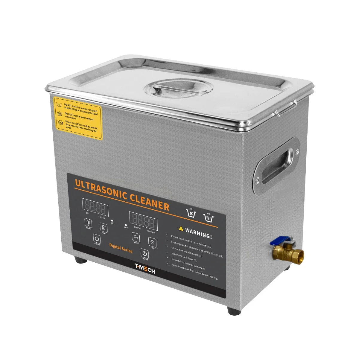 T-Mech Ultrasonic Cleaner 6L in stainless steel with digital controls, a lid, and a warning label for safe operation