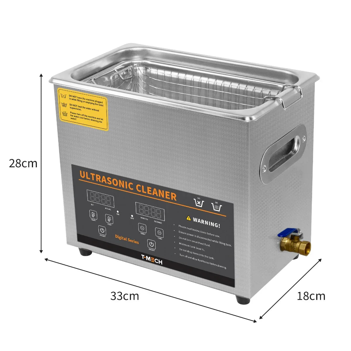 Stainless steel T-Mech Ultrasonic Cleaner with 6L capacity, digital display, and a mesh basket for effective cleaning