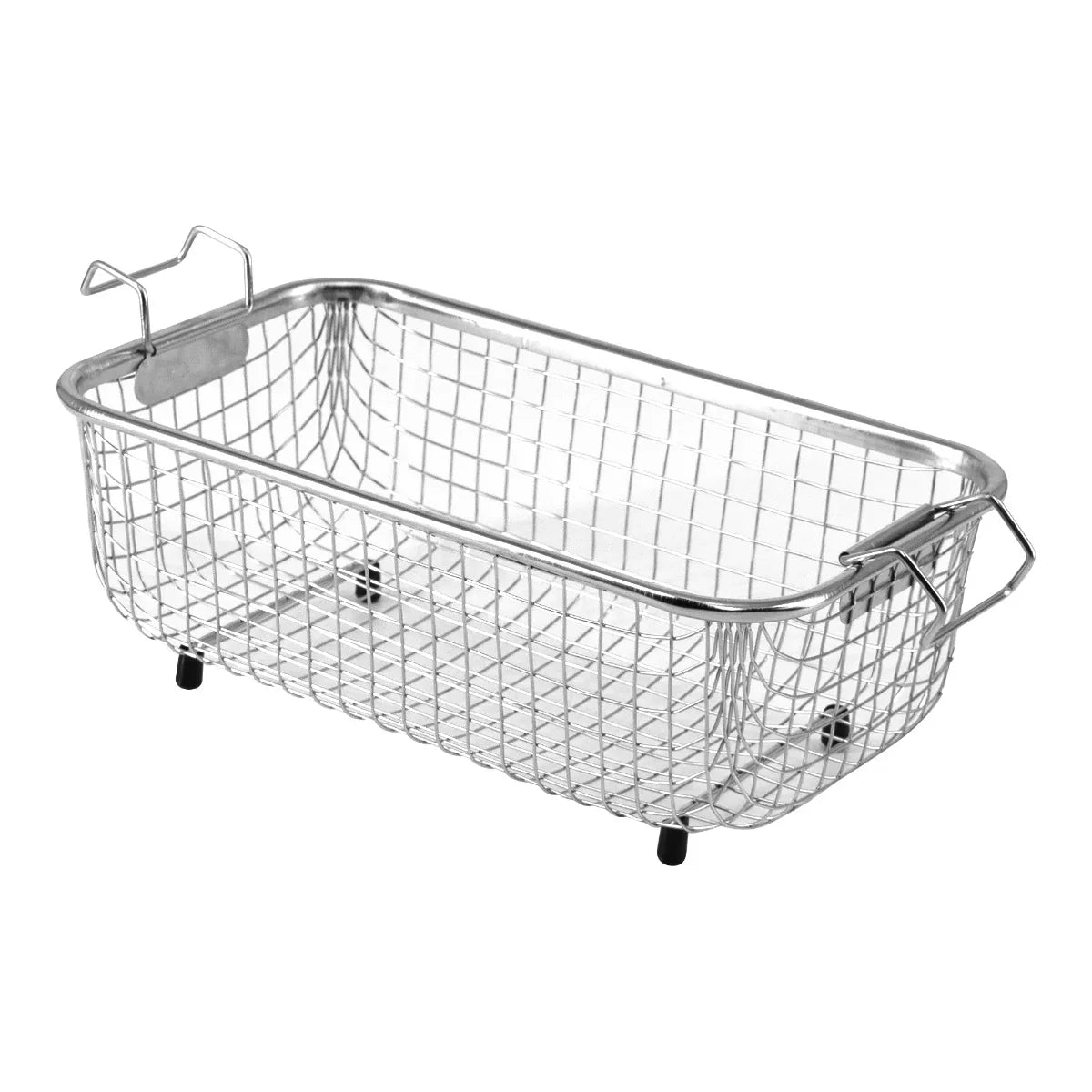 Stainless steel basket for T-Mech Ultrasonic Cleaner, featuring a rectangular shape, mesh design, and sturdy handles for easy use