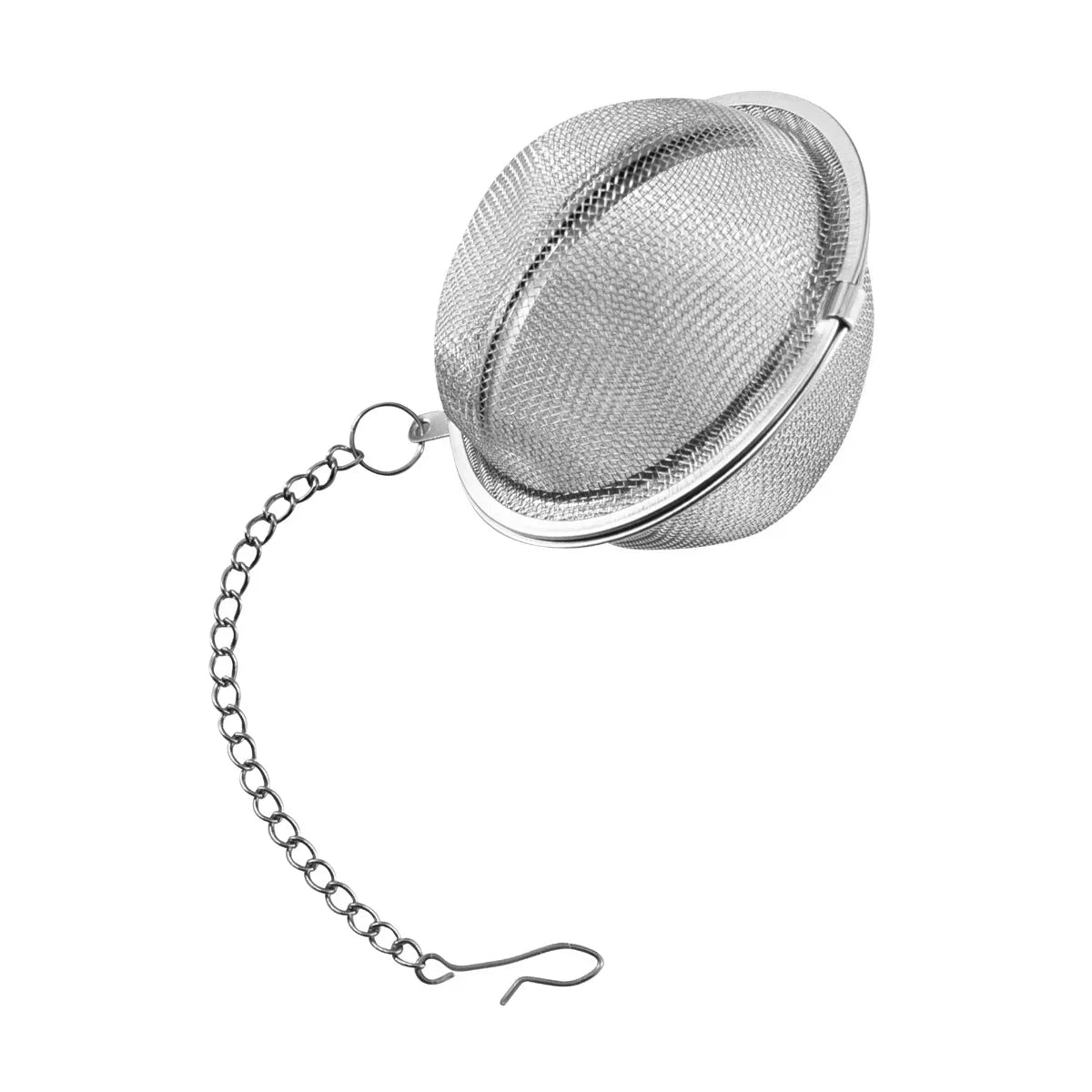 Stainless steel tea infuser ball with a fine mesh design, attached chain, and hook for easy brewing and steeping tea