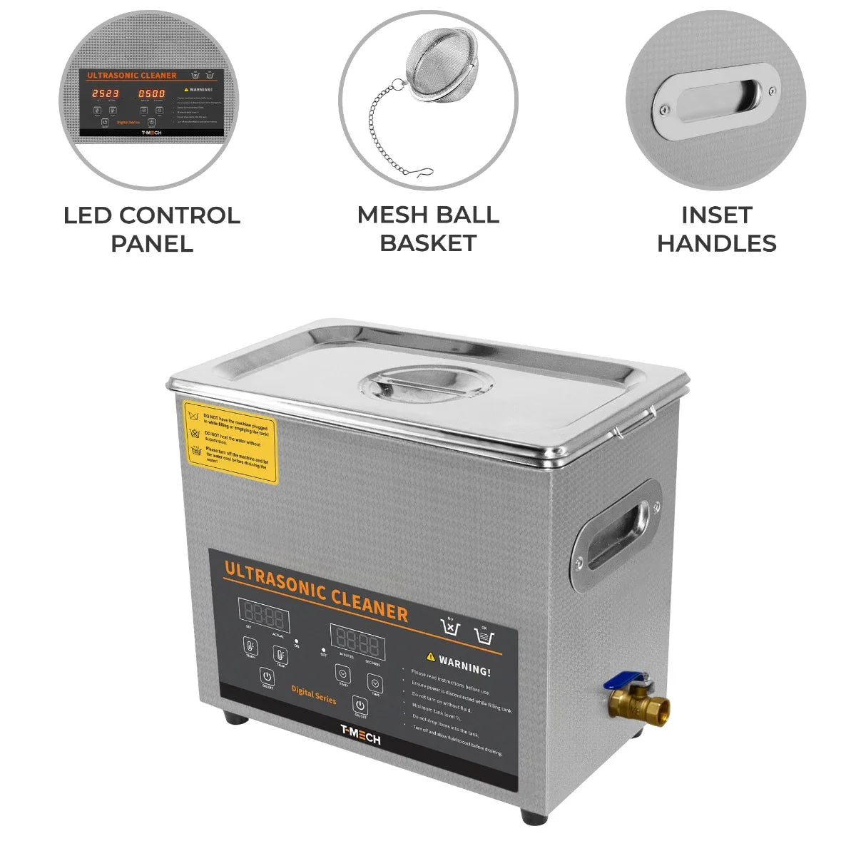 T-Mech Ultrasonic Cleaner 6L with stainless steel body, LED control panel, mesh ball basket, and inset handles for easy use