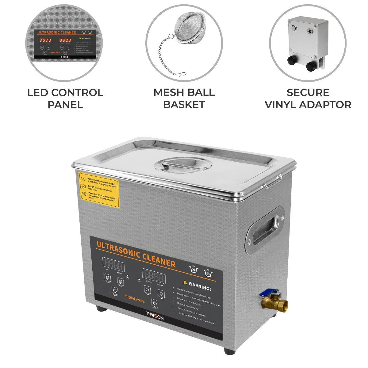 T-Mech 6L ultrasonic cleaner with a sleek silver body, LED control panel, mesh ball basket, and secure vinyl adaptor for versatile cleaning