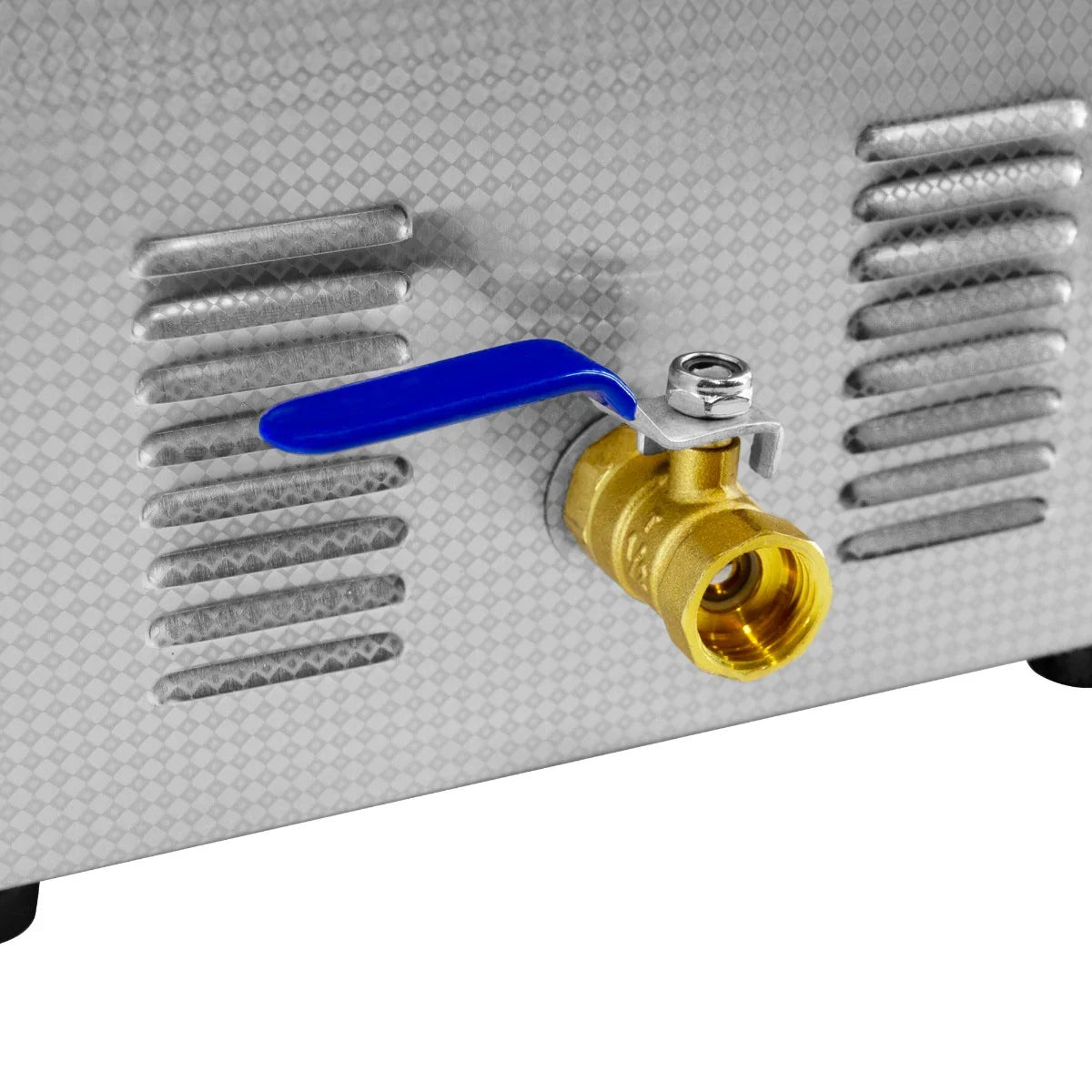 Brass drain valve with blue handle on the stainless steel body of the T-Mech Ultrasonic Cleaner, showcasing its durable design