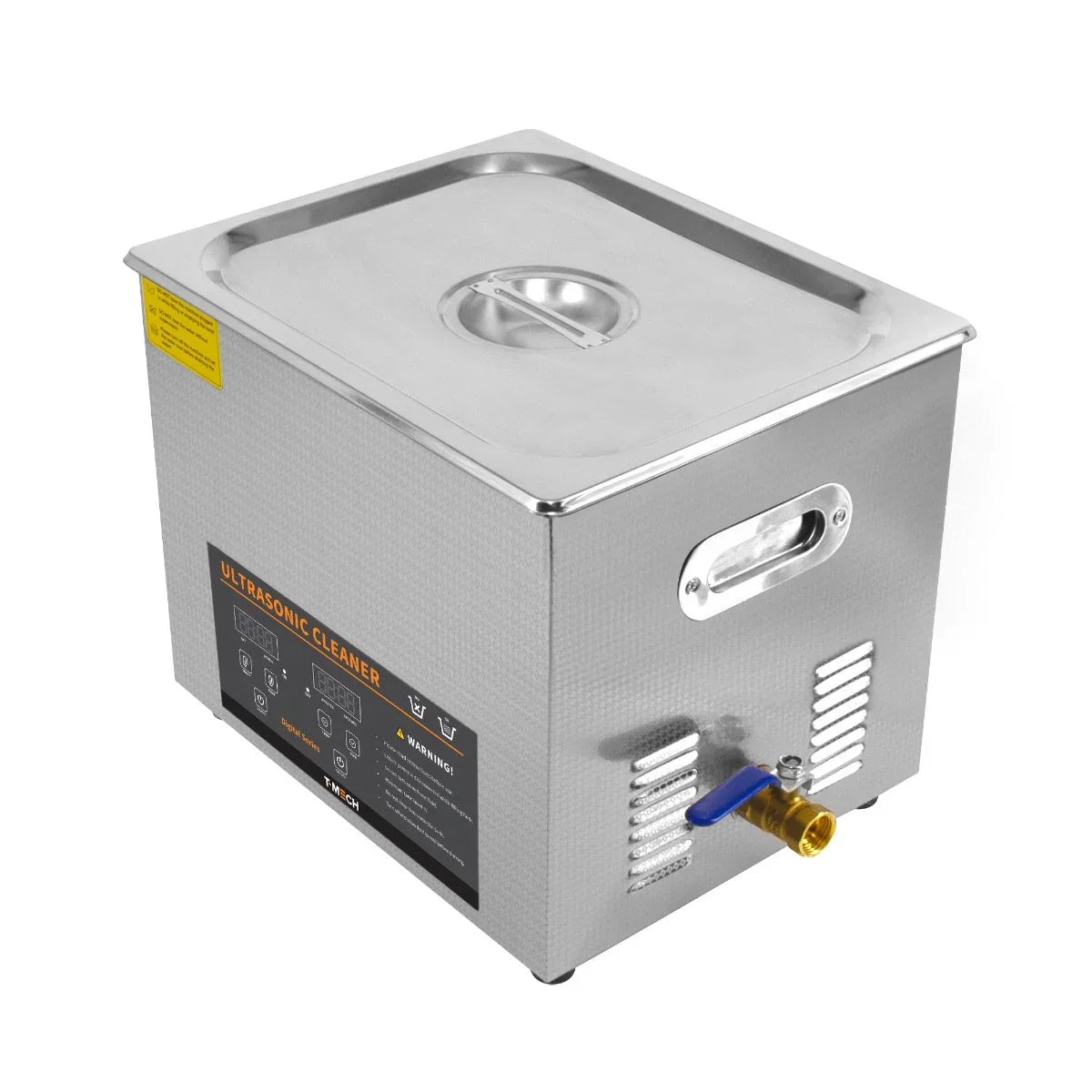 Stainless steel 10L ultrasonic cleaner with a sleek design, lid, control panel, and drainage valve for efficient cleaning