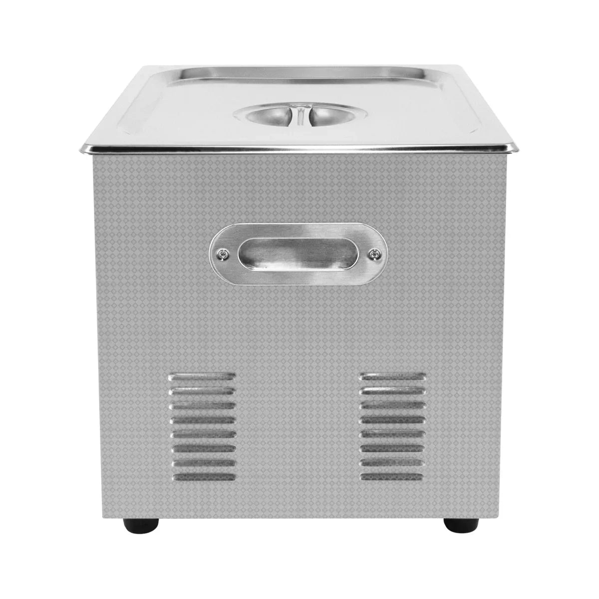 Stainless steel T-Mech Ultrasonic Cleaner with a sleek design, featuring a handle, ventilation slots, and a polished top surface