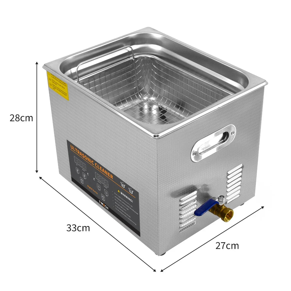 T-Mech Ultrasonic Cleaner 10L with stainless steel body, mesh basket, dimensions 33x27x28cm, ideal for deep cleaning items