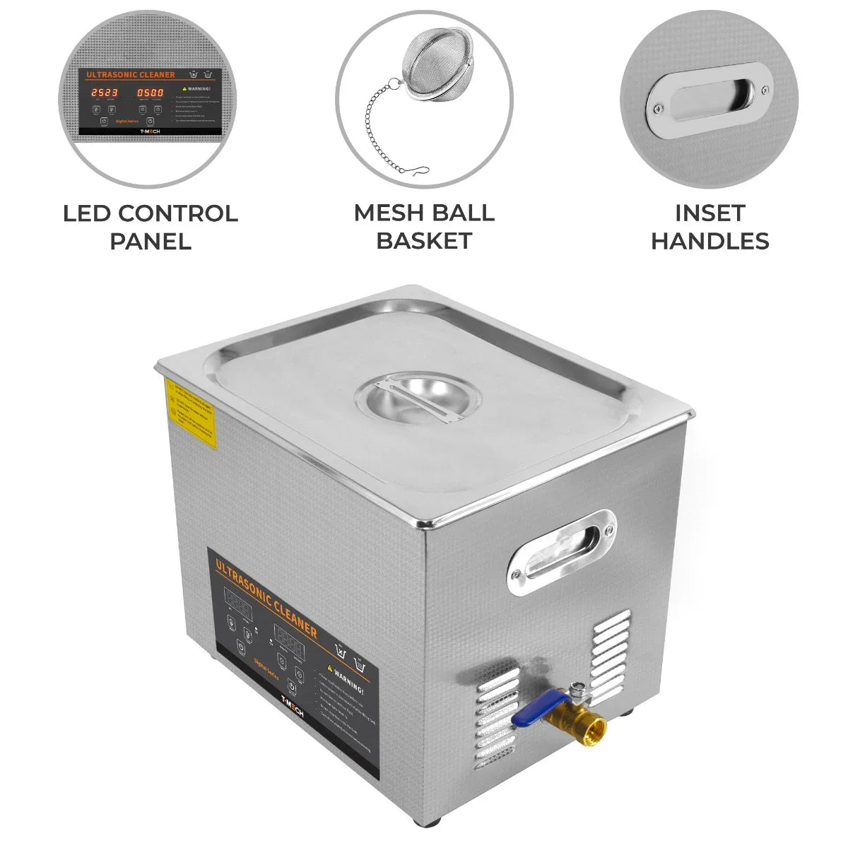 T-Mech Ultrasonic Cleaner 10L with stainless steel body, LED control panel, mesh basket, and inset handles for easy transport