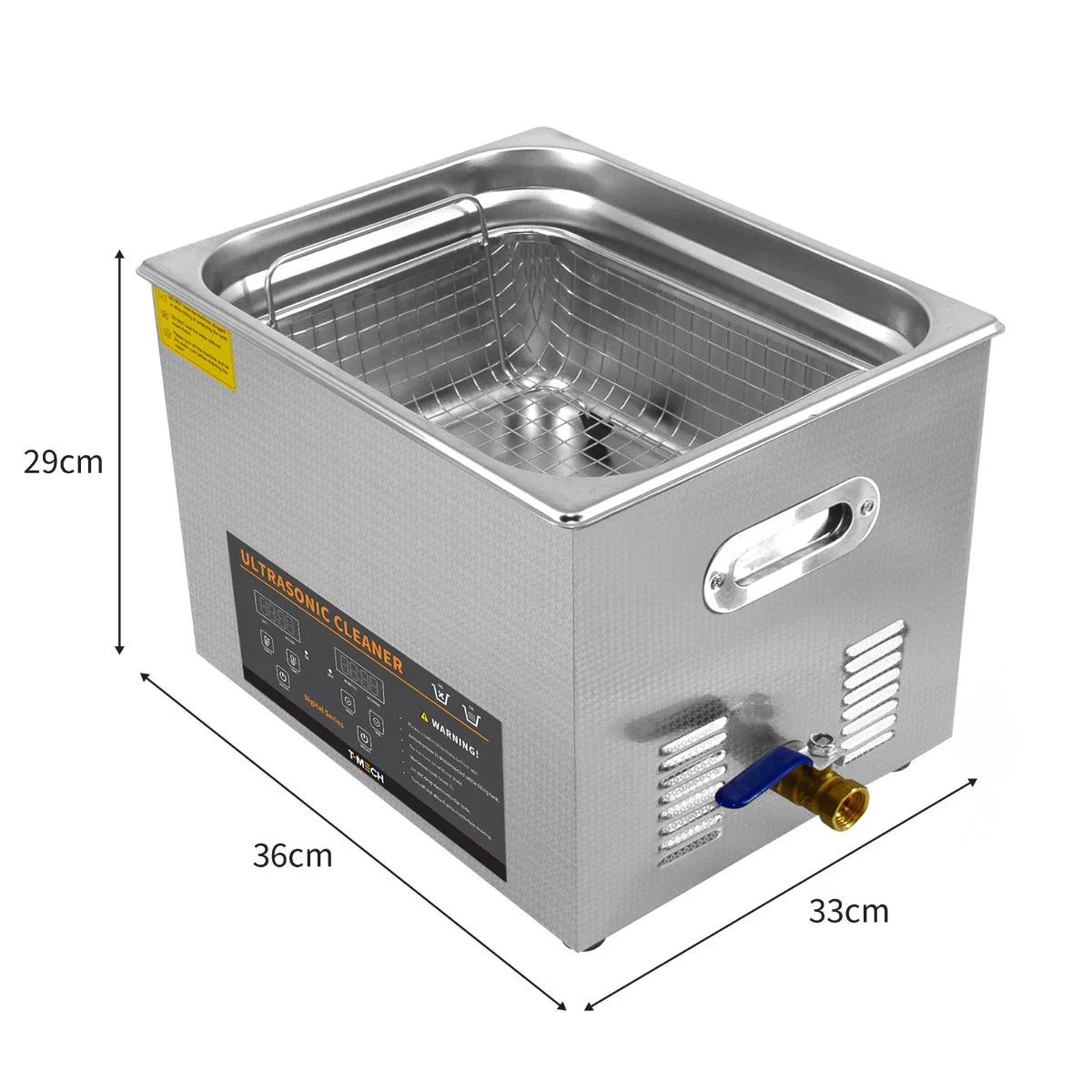T-Mech Ultrasonic Cleaner 15L features a stainless steel body, a mesh basket, and dimensions of 36cm x 33cm x 29cm for efficient cleaning