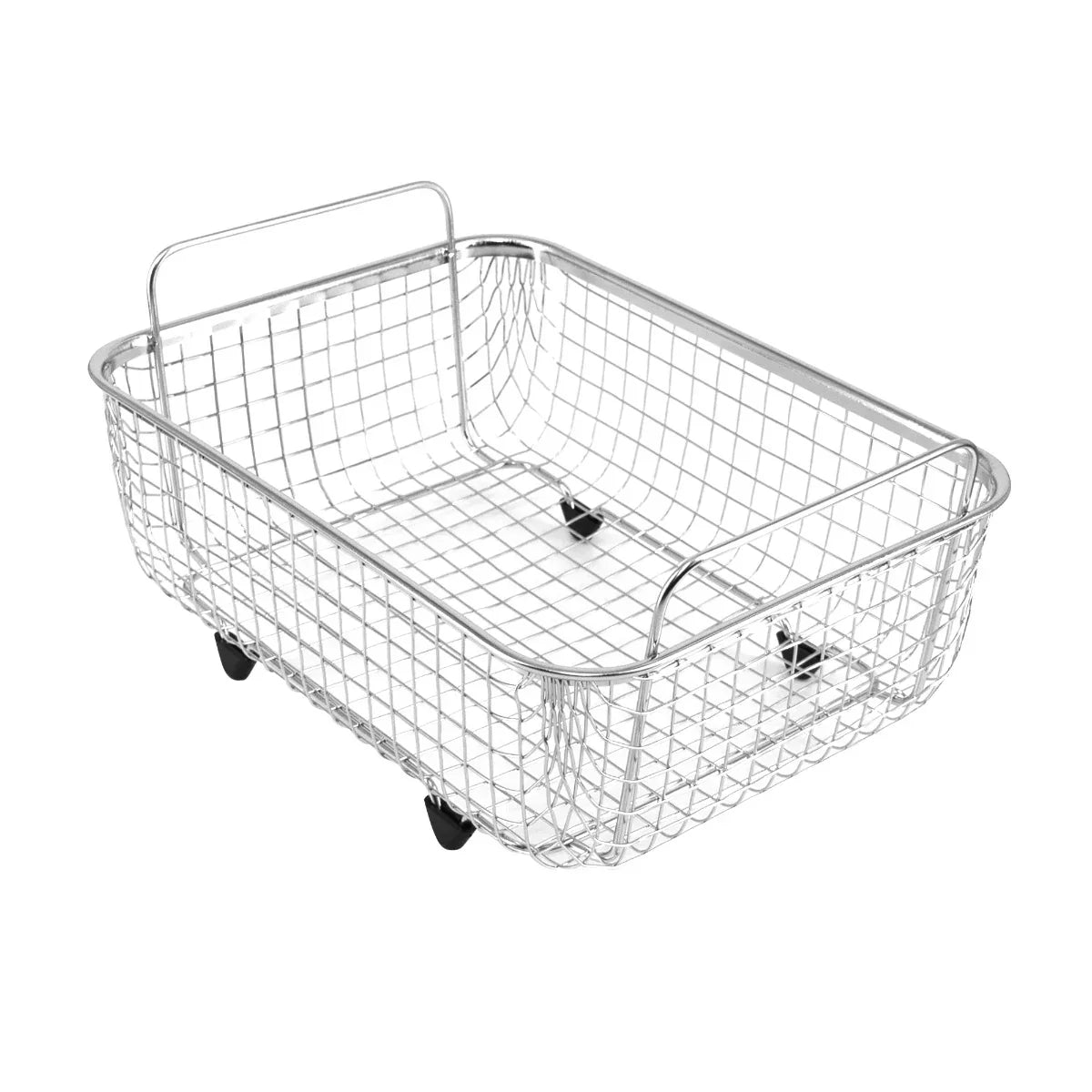 Stainless steel wire basket with a rectangular shape, featuring a sturdy handle and four wheels for easy mobility and storage