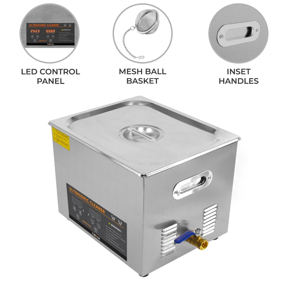 T-Mech 15L ultrasonic cleaner with stainless steel body, LED control panel, mesh ball basket, and inset handles for easy transport
