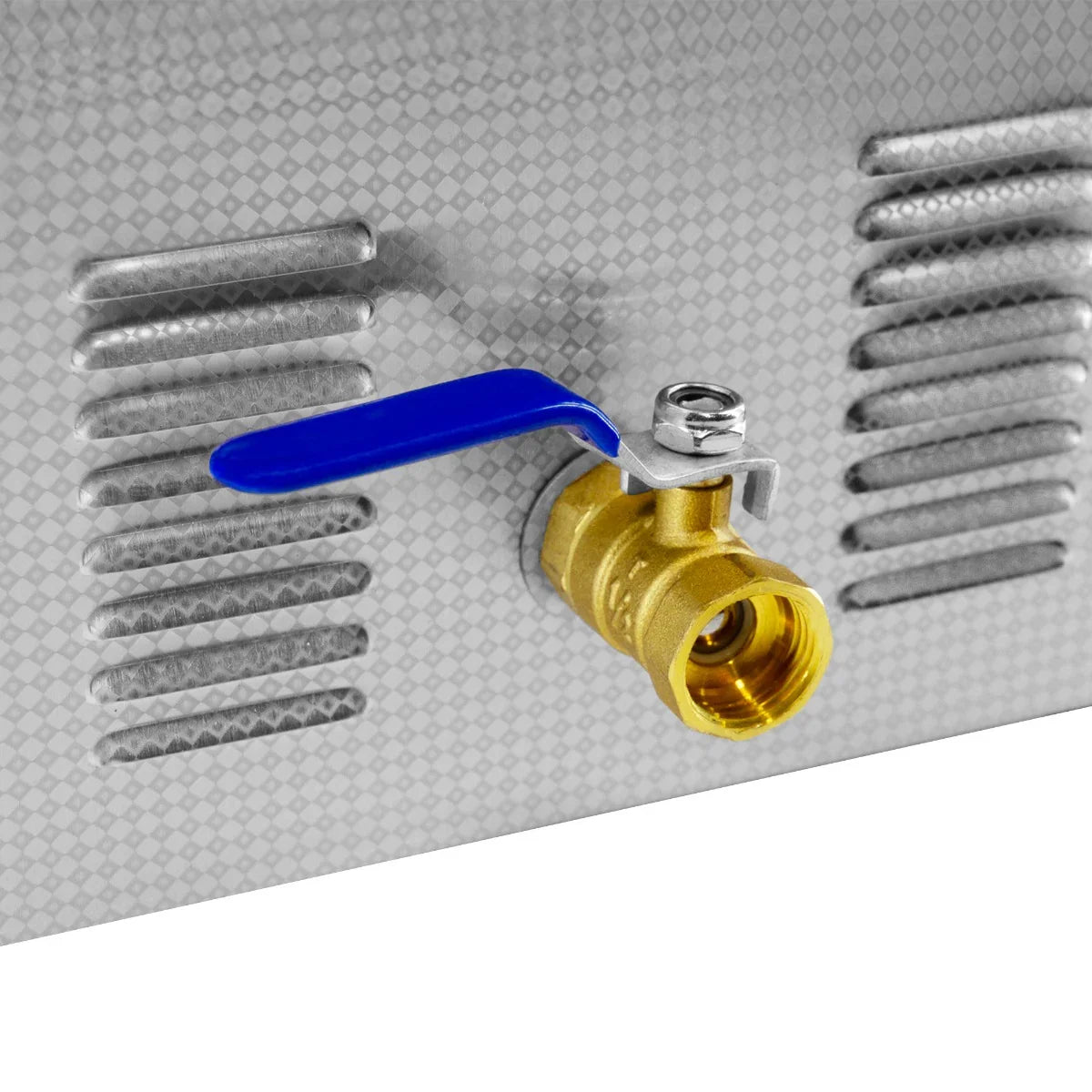 Brass water inlet valve with blue handle on the stainless steel body of the T-Mech Ultrasonic Cleaner 30L, showcasing durability and functionality