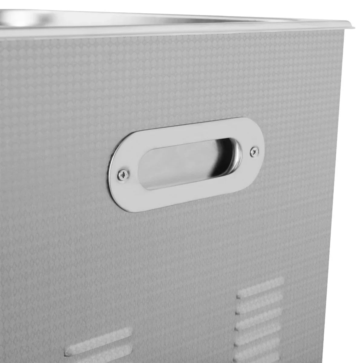 Stainless steel body of the T-Mech Ultrasonic Cleaner with a textured finish, featuring a sturdy handle for easy transport