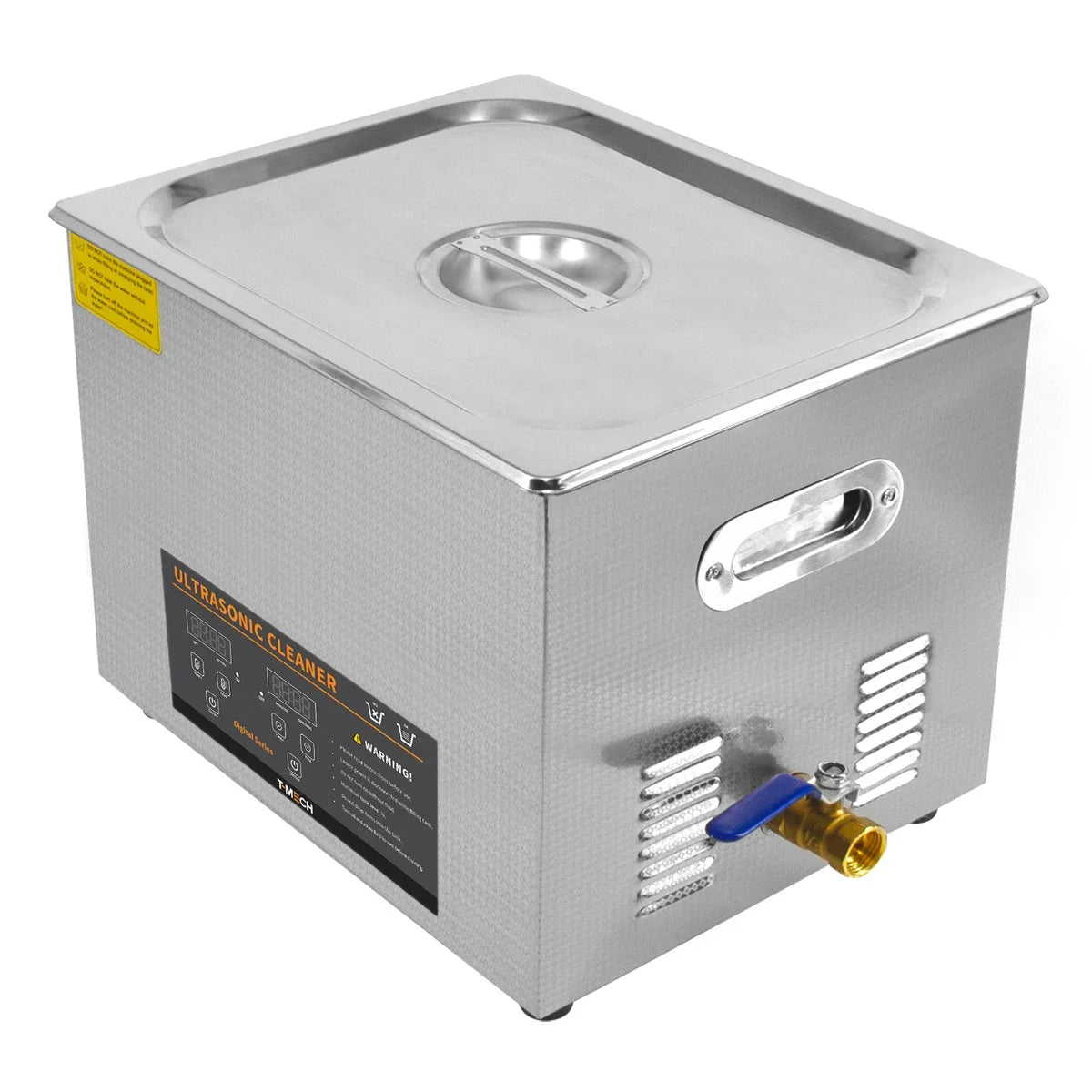 Stainless steel 30L ultrasonic cleaner with a sleek design, control panel, and drain valve for efficient cleaning of various items
