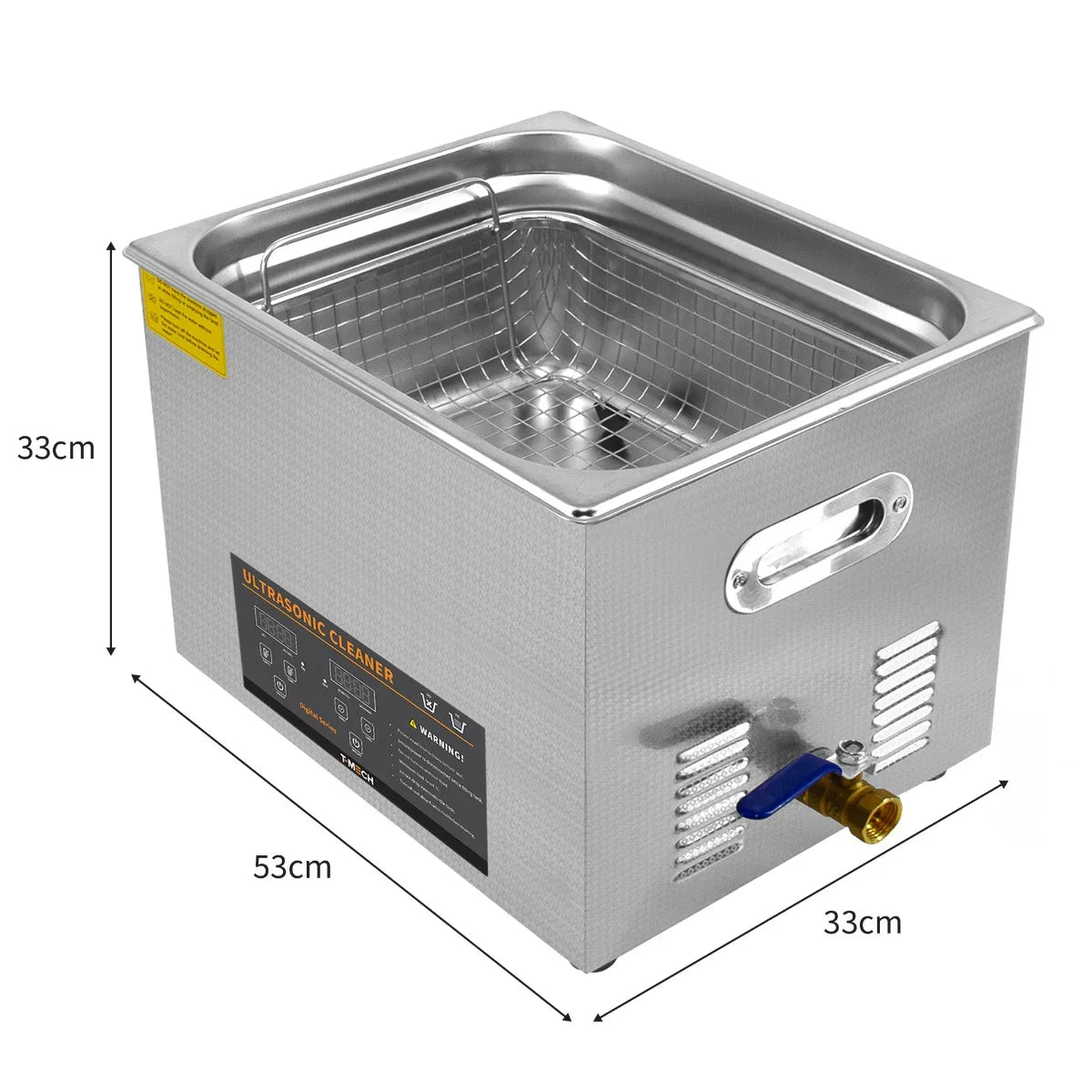 T-Mech Ultrasonic Cleaner 30L with stainless steel body, mesh basket, and dimensions 53cm x 33cm x 33cm for effective cleaning