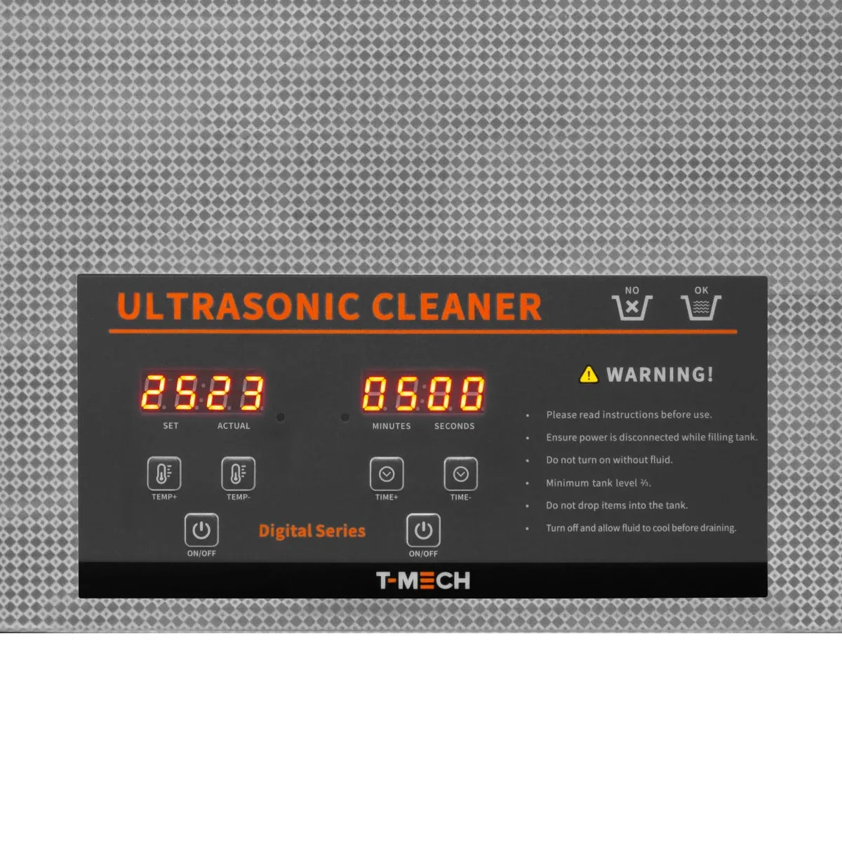 Digital control panel of T-Mech Ultrasonic Cleaner 30L, featuring red LED display for time and temperature settings