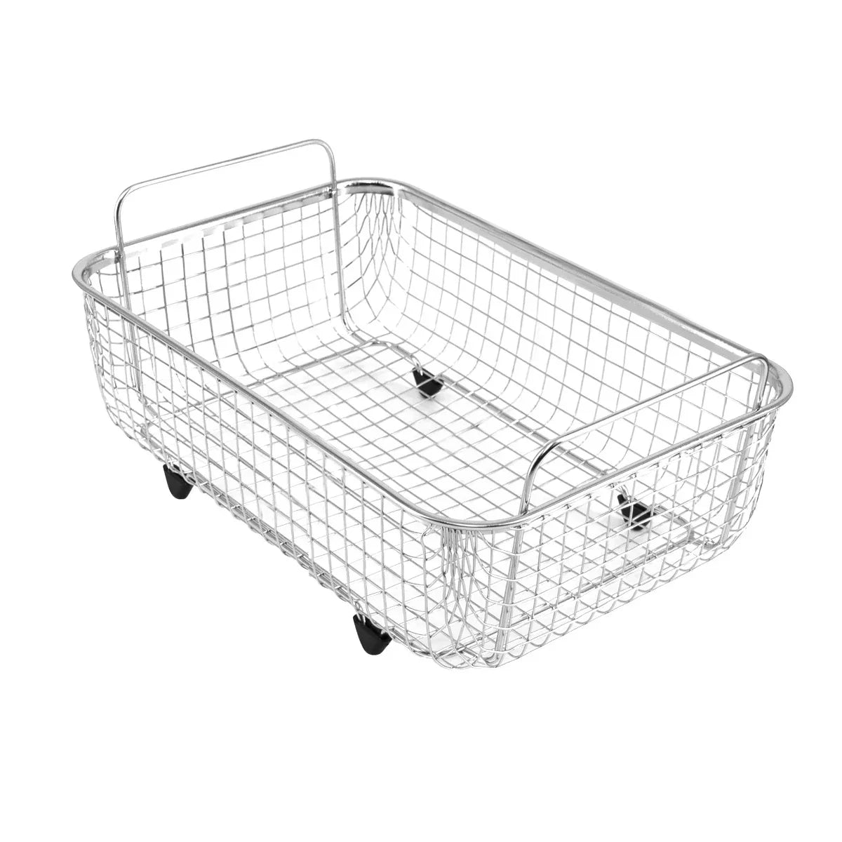 Stainless steel wire basket for T-Mech Ultrasonic Cleaner, rectangular shape with a handle and wheels for easy mobility