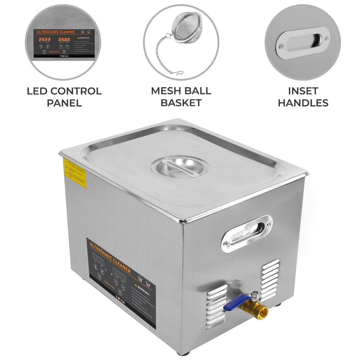 T-Mech Ultrasonic Cleaner 30L with stainless steel body, LED control panel, mesh basket, and inset handles for easy use