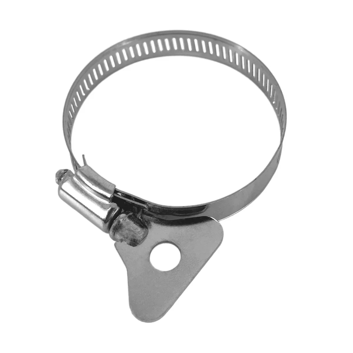 Stainless steel hose clamp with a smooth, shiny finish, featuring a screw mechanism for adjustable tightening and secure fit