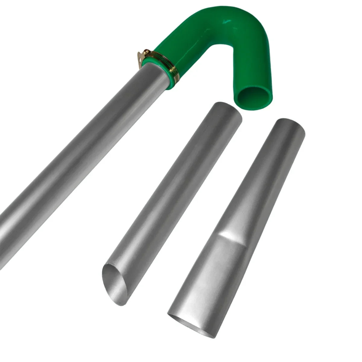 Maxblast Gutter Vacuum Poles 7.2m featuring durable silver aluminum tubes and a green angled attachment for efficient cleaning