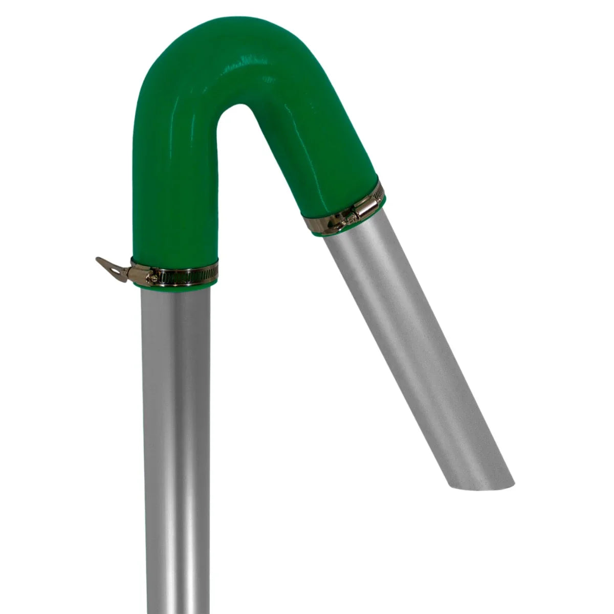 Curved green and silver Maxblast gutter vacuum pole with a smooth finish, designed for efficient gutter cleaning and maintenance