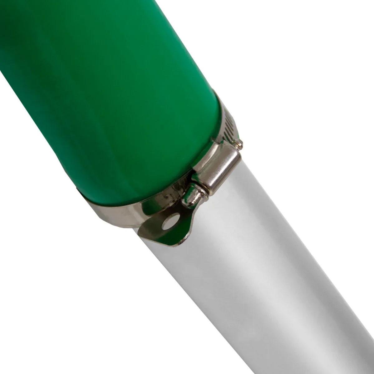 Green Maxblast gutter vacuum pole with a durable aluminum tip and secure metal clamp, designed for efficient gutter cleaning